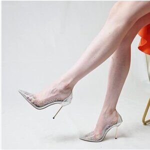 FSJ Silver Studded Pointed Toe Transparent Pumps High Heels Shoes
